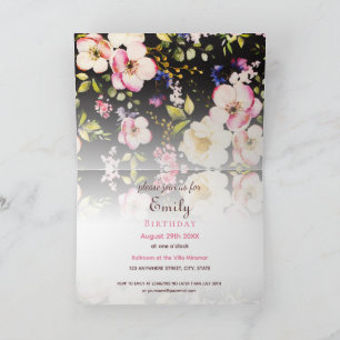 Convite Aquarela Rosas Rosa e Amarelo em Preto, Aniversári