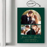 Convite Arch de 3 fotos Emerald Green Dourado Salvar a dat<br><div class="desc">Este simples e minimalista cartão magnético Save the Date apresenta um arco de colagem de 3 fotos acima das palavras "Save the Date" em elegante guiamento dourado,  seguido pelos nomes dos casais,  data do casamento e cidade em sans serif em um fundo verde esmeralda.</div>