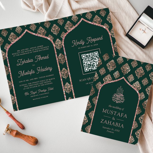Convite Arco de Damasco em Ouro com Rosa Verde Código QR C (Criador carregado)