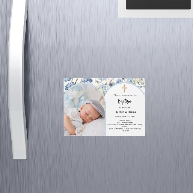 Convite Arco de flores azuis foto menino cruz Batismo (Criador carregado)