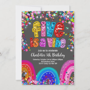 Convite Arco-íris, 5º Aniversário Bonito Brilhante