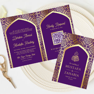 Convite Arco Persa Roxo Real Código QR Casamento Muçulmano