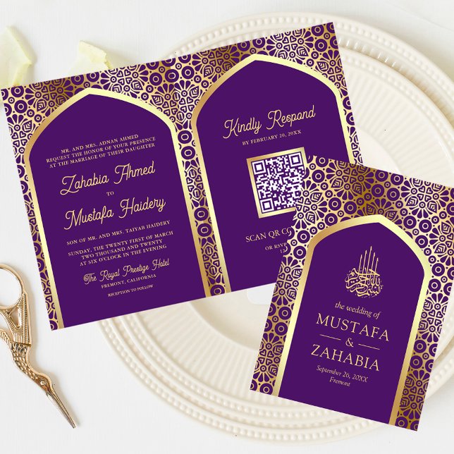 Convite Arco Persa Roxo Real Código QR Casamento Muçulmano (Criador carregado)