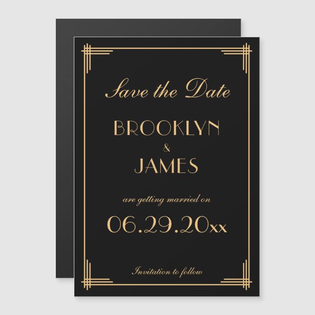 Convite Art Deco Gatsby Black Save Date (Frente/Verso)