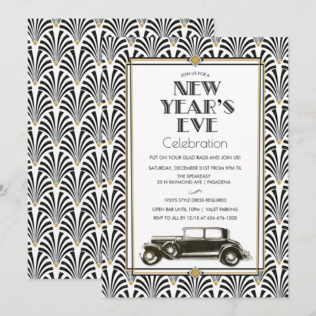 Convite Art Déco Gatsby para Réveillon (Frente/Verso)