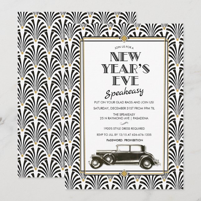 Convite Art Déco Gatsby para Réveillon (Frente/Verso)