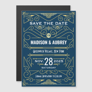 Convite Art Deco Salve a Data Casamento Elegante Azul Dour