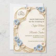 Art Nouveau Azul Pastel Dourado Casamento Salve A