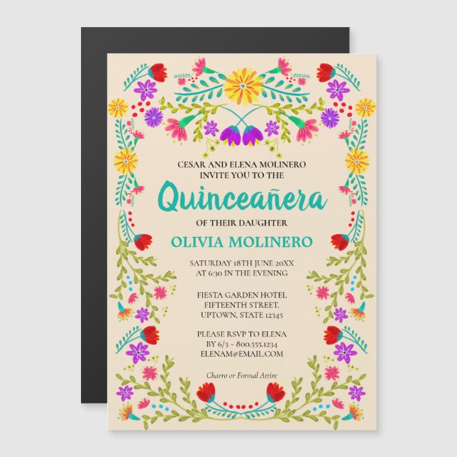 Convite Arte Popular Mexicana Floral Champanhe Quinceanera (Frente/Verso)