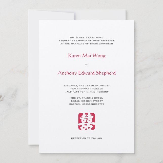 Convite asiático vermelho do casamento do hei (Frente)