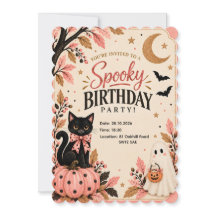 Convite Assustador de Halloween Gato Preto Rosa