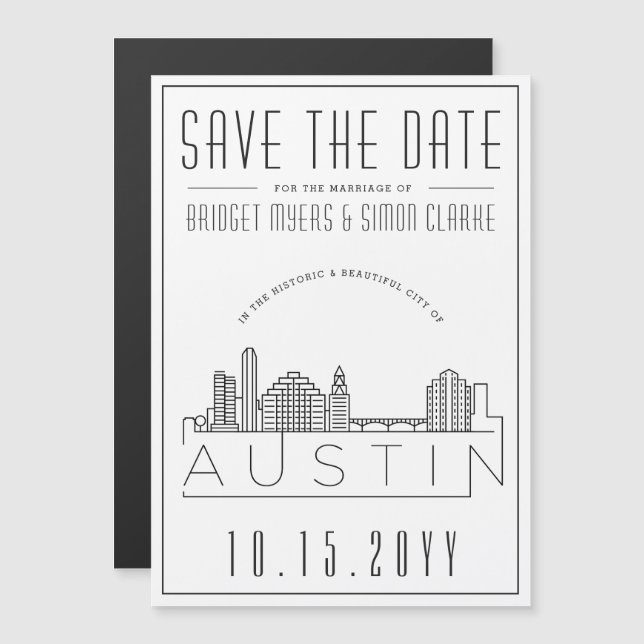 Convite Austin Wedding | Skyline Estilizado Salvar a Data (Frente/Verso)