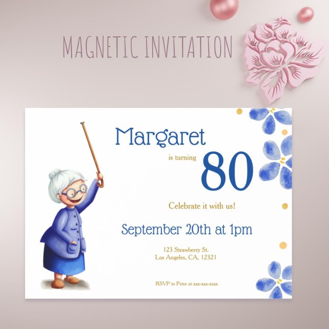 Convite Avó Floral Azul com 80 Cane Aniversário (Blue Floral Grandmother with Cane 80th Birthday Magnetic Invitation )