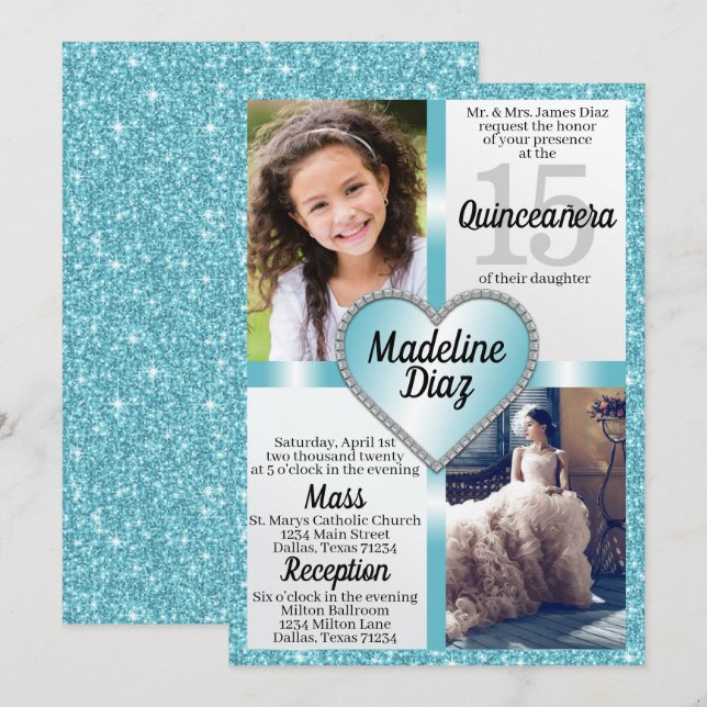 Convite Azul Aqua Quinceañera 15 Cumpleaños (Frente/Verso)