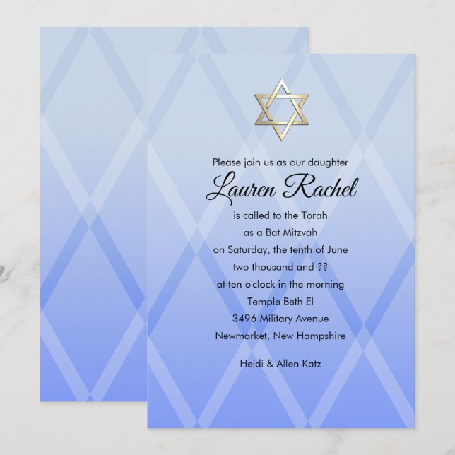Convite Azul Bat Mitzvah Harlequin (Frente/Verso)