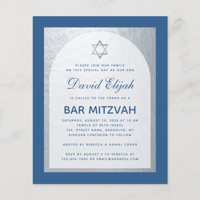Convite Azul Clássico Bar Mitzvah com Prata (Frente)
