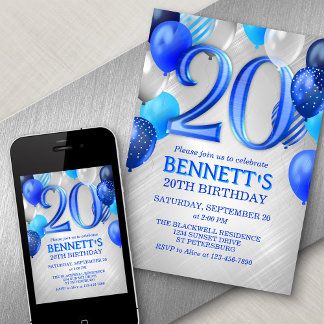 Convite Azul de Aniversário de 20 Mens