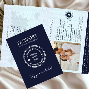 Convite azul de casamento de destino de passaporte