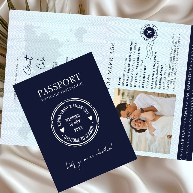Convite azul de casamento de destino de passaporte (Criador carregado)