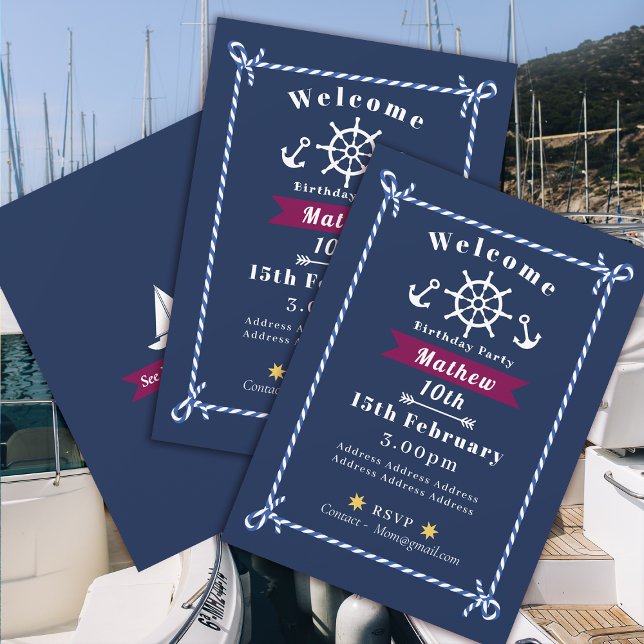 Convite Azul de Marinho de Aniversário da Corda Ná (Nautical Rope Birthday Invitation Navy Card.)