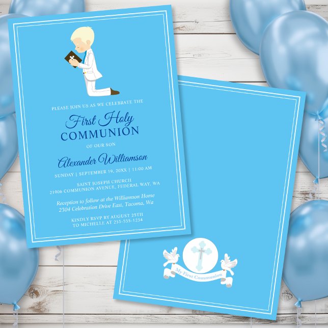 Convite Azul de Menino Louro da Primeira Comunhão (First Communion Blond Boy Blue Invitation)
