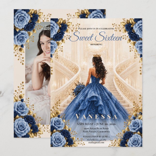 Convite Azul de Princesa para Doce 16 Fotos (Frente/Verso)