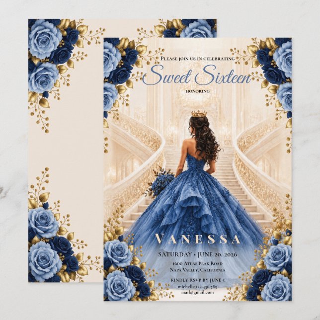 Convite Azul de Princesa para Festa de 16 Anos Doc (Frente/Verso)