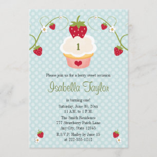 Convite azul do aniversário do cupcake da morango
