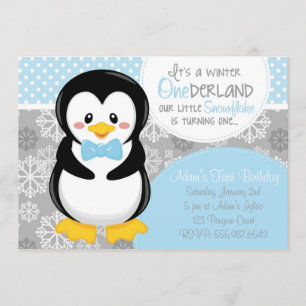 Convite azul do pinguim de ONEderland do inverno
