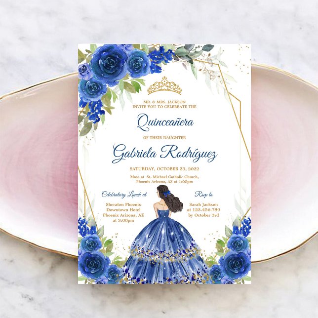 Convite Azul Dourado Floral Quinceanera (Criador carregado)