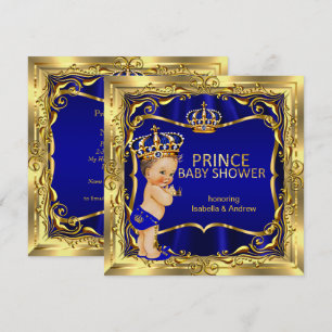Convite Azul Dourado para Chás de Bebê de Príncipe