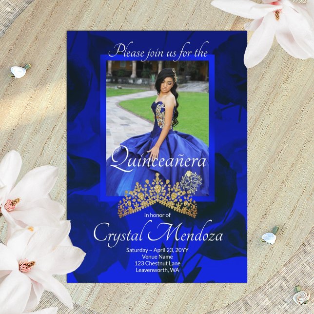 Convite Azul, Dourado Quinceanera Rhinestone Tiara (elegant royal blue roses and gold tiara quinceanera invitation)