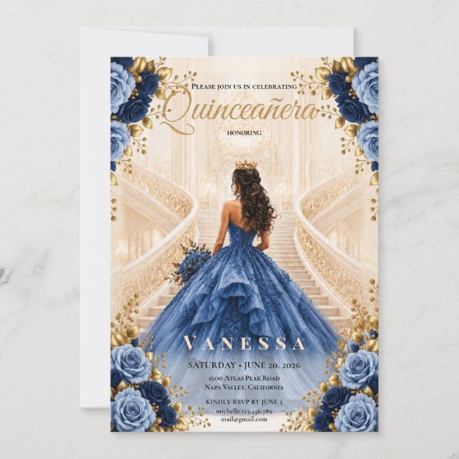 Convite Azul e Dourado de Quinceanera (Frente)