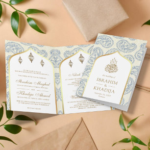 Convite Azul e Dourado Paisley Código QR Casamento Muçulma