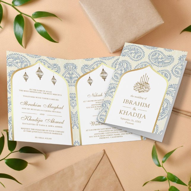 Convite Azul e Dourado Paisley Código QR Casamento Muçulma (Criador carregado)