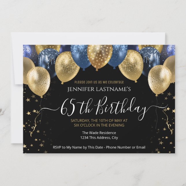 Convite Azul e Dourado para Festa de 65 Anos (Frente)