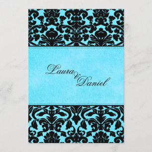 Convite azul e preto do casamento tema damasco
