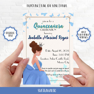 Convite Azul Elegante Princesa Quinceañera