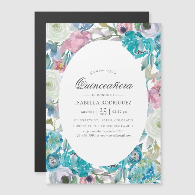 Convite Azul Empoeirado e Floral Turquesa Quinceañera (Frente/Verso)