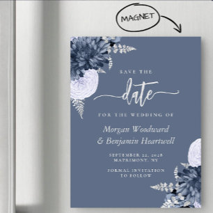 Convite Azul Empoeirado Floral Prata Casamento Salve a Dat