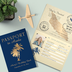 Convite Azul Faux Gold Foil Aruba Passaporte Aniversário