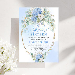 Convite Azul Floral Clássico Eucalipto Sweet 16