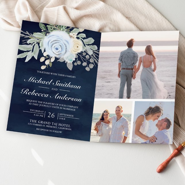 Convite Azul Floral empoeirado Código QR Casamento Naval (Criador carregado)