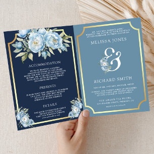 Convite Azul Floral Marinho Código QR Tudo em Um Casamento