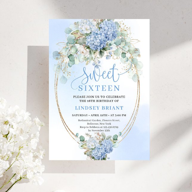 Convite Azul Floral Moderno de Eucalipto Dourado p (Modern Blue Floral Eucalyptus Gold Sweet 16 Invite)