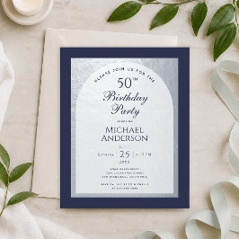 Convite Azul Marinho Prata Homem Aniversário 50 Or