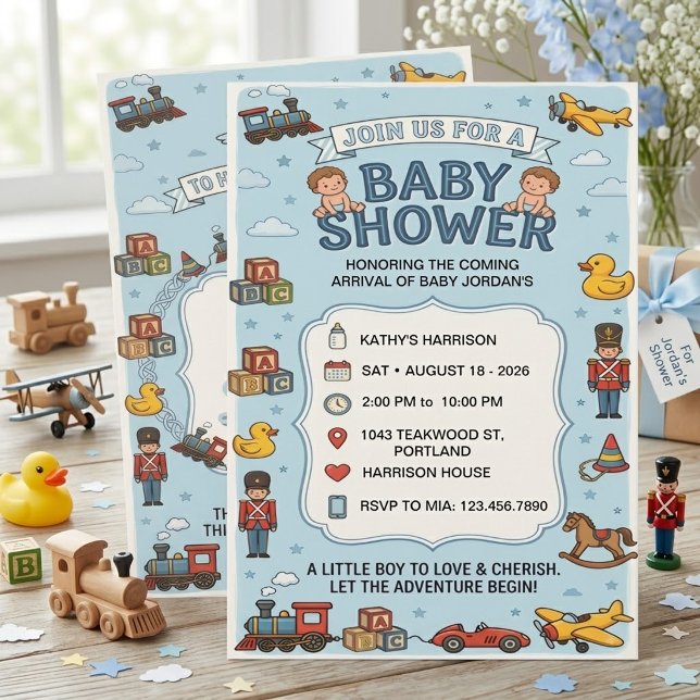 Convite Azul para Chá de Bebê com Brinquedos Antig (Criador carregado)