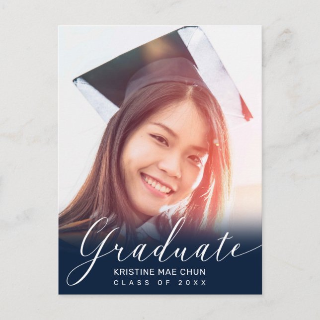 Convite Azul para Script Moderno de Foto de Gradua (Frente)