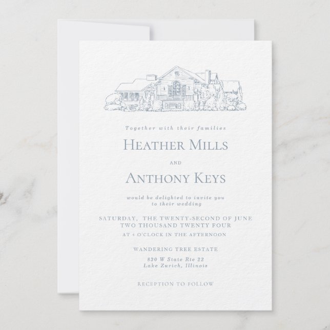 Convite Azul Poeira com Esboço do Local (Frente)