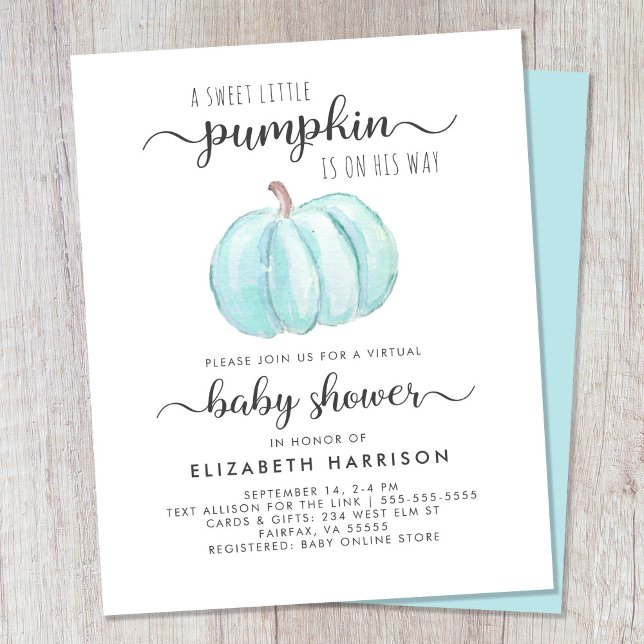 Convite Azul Pumpkin para Chá de Bebê Virtual (Celebrate the upcoming arrival of your autumn baby boy with a pumpkin-themed virtual baby shower)